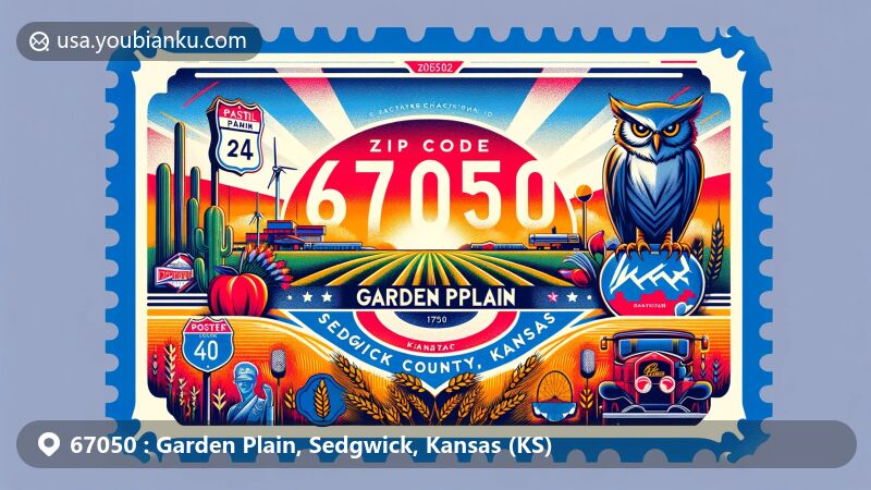 Modern illustration of Garden Plain, Sedgwick County, Kansas, with postal theme featuring ZIP code 67050, showcasing Kansas plains, Garden Plain Owls, U.S. Routes 54/400 sign, wheat fields, and community diversity.