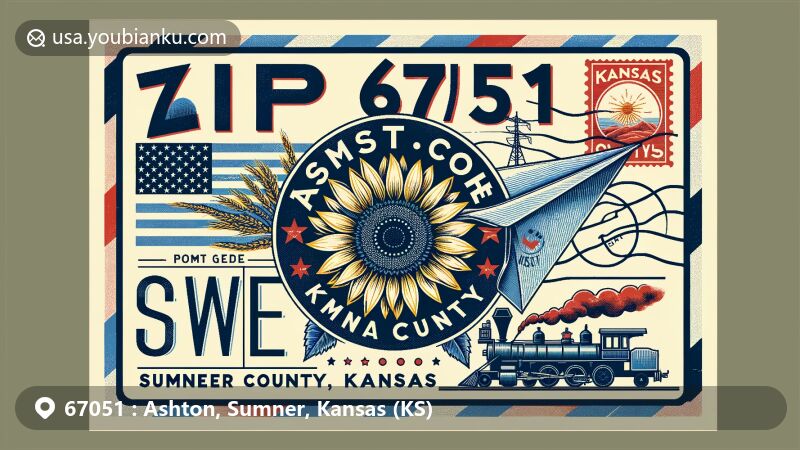 Modern wide-format illustration of Ashton, Sumner County, Kansas, showcasing postal heritage with airmail envelope, Kansas state flag, railway history, and vintage postal elements like a postage stamp with the state flower and cancellation mark.