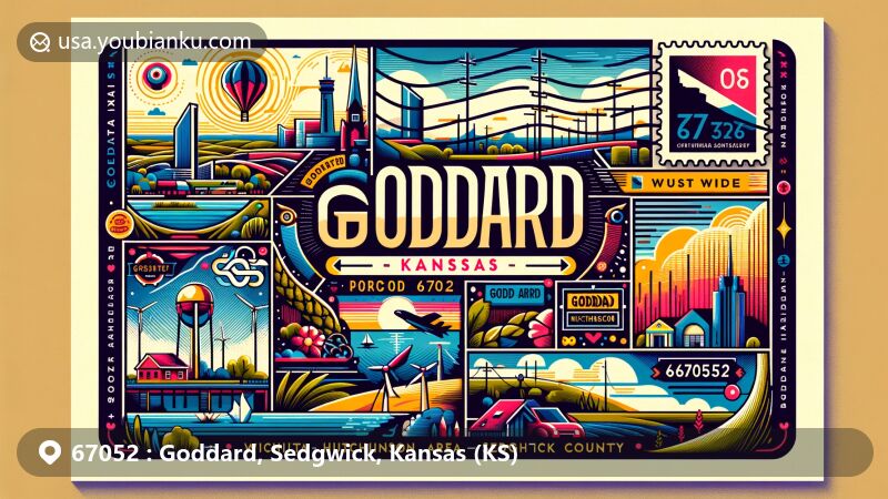 Modern illustration of Goddard, Kansas in Sedgwick County, with postal theme highlighting ZIP code 67052, showcasing Arkansas River, Ninnescah River, and Wellington-McPherson Lowlands region.