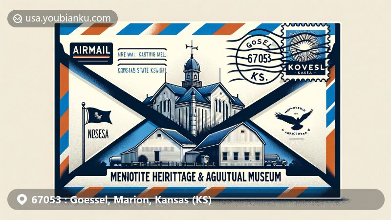 Modern illustration of Goessel, Marion County, Kansas, showcasing airmail theme with ZIP code 67053, featuring Mennonite Heritage & Agricultural Museum and Kansas state symbols.