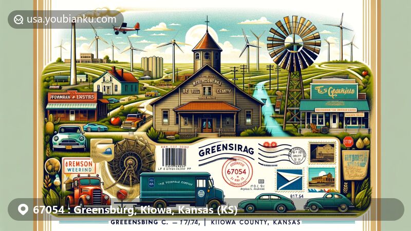 Contemporary illustration of Greensburg, Kiowa County, Kansas, with Big Well Museum, 5.4.7 Arts Center, and Fromme-Birney Round Barn, featuring postal elements like vintage stamp, postmark with ZIP code 67054, and old-fashioned mailbox or truck, along with wind turbines symbolizing resilience and sustainability.