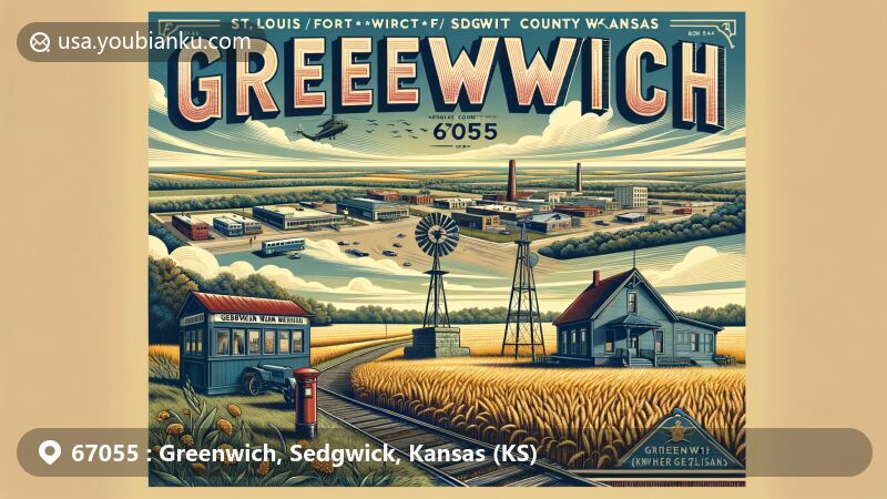 Modern illustration of Greenwich, Sedgwick County, Kansas, blending rural charm and local landmarks with a mix of historical and contemporary elements, featuring wheat fields, Korean War Veterans Memorial, and the St. Louis, Fort Scott & Wichita Railroad.