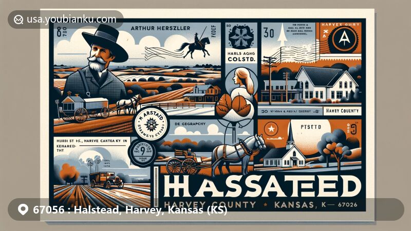 Modern illustration of Halstead, Harvey County, Kansas, with postal theme highlighting ZIP code 67056. Features include Arthur Hertzler, the 'Horse-and-Buggy Doctor', representing town's medical heritage. Landscape depicts all-land geography with a humid subtropical climate. Cultural elements like Mennonite couple or church symbolize historical significance. Includes postal marks and stamps for visual appeal.