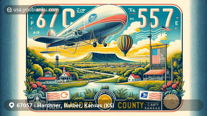 Modern illustration of Hardtner, Barber County, Kansas, showcasing postal theme with ZIP code 67057, featuring Achenbach Memorial Park mural and Kansas state flag.