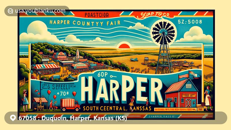 Modern illustration of Harper, Kansas, representing ZIP code 67058 with vintage postcard design, featuring Harper County Fair and Red Fish Festival, showcasing small-town charm.
