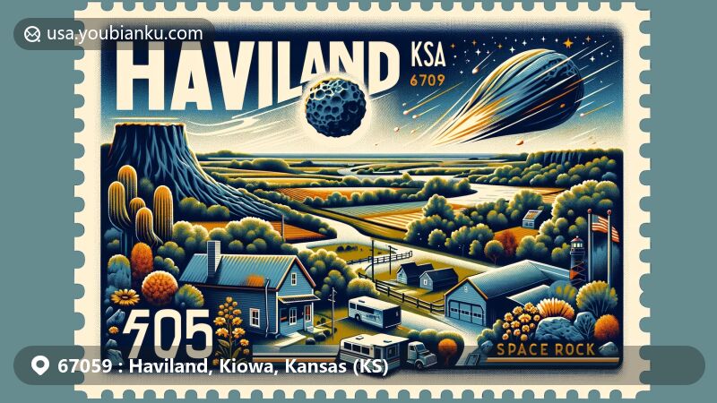 Modern illustration of Haviland, Kansas, featuring the Haviland Crater and postal theme with ZIP code 67059, highlighting the city's connection to meteorites and rural community life.