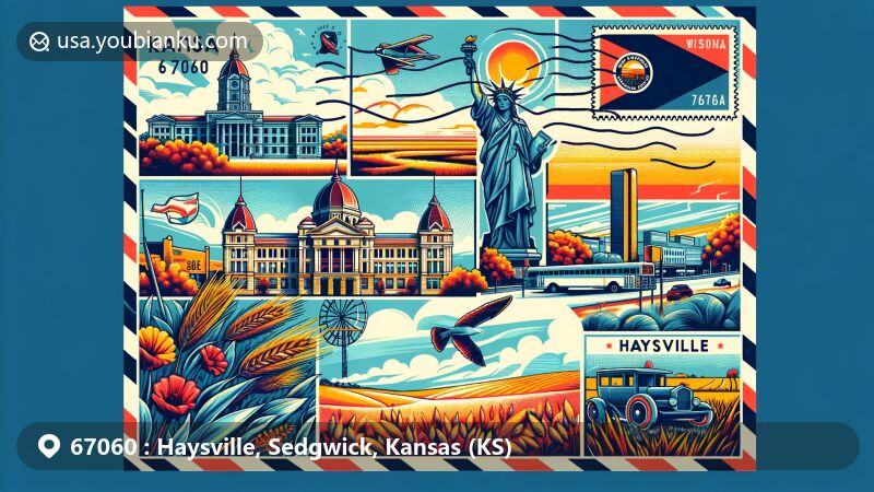 Vibrant illustration of Haysville, Kansas, blending local charm and postal heritage, featuring key elements of identity and Kansas state context.