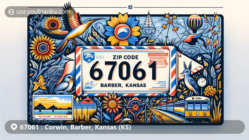 Modern illustration of Corwin, Barber, Kansas, showcasing postal theme with ZIP code 67061, featuring Kansas state symbols like the Western Meadowlark, Wild Native Sunflower, and Cottonwood tree.