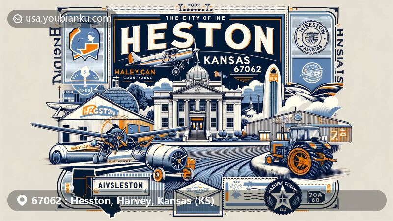 Modern illustration of Hesston, Kansas, highlighting postal theme with ZIP code 67062, featuring landmarks like Alliman Center, AGCO, and Excel Industries, with subtle nods to Harvey County map outline and Kansas state flag.
