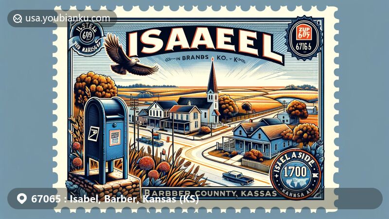 Modern illustration of Isabel, Barber County, Kansas, featuring a creative postcard design with rural town atmosphere, natural landscapes, and postal elements.