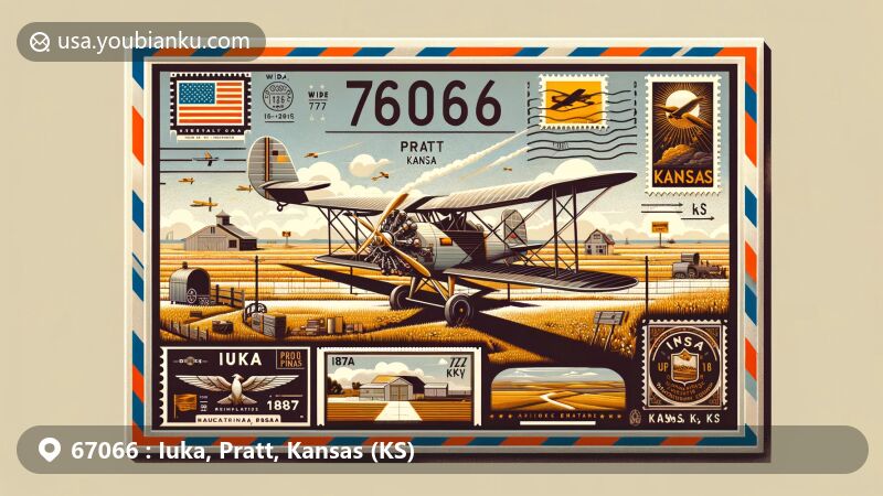 Modern illustration of Iuka, Pratt, Kansas, depicting a creative postal theme with aviation-style envelope, highlighting the town's history and geography, including its establishment in 1877 and name origin from the Battle of Iuka in Mississippi, adorned with stamps showcasing Kansas's natural beauty and agricultural heritage.