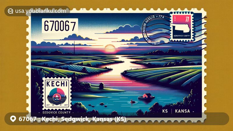 Modern postcard-style illustration of Kechi, Sedgwick County, Kansas, portraying tranquil pond at dusk, incorporating outlines of Sedgwick County and Kansas, featuring 'Kechi, KS 67067' prominently, including stylized postage stamp with Kansas state flag and '2024' date mark.