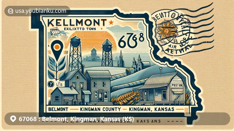 Modern illustration of Belmont, Kingman County, Kansas, resembling a vintage postcard with postal and regional elements, showcasing the town's history as an extinct community with references like a vintage post office and grain elevator.