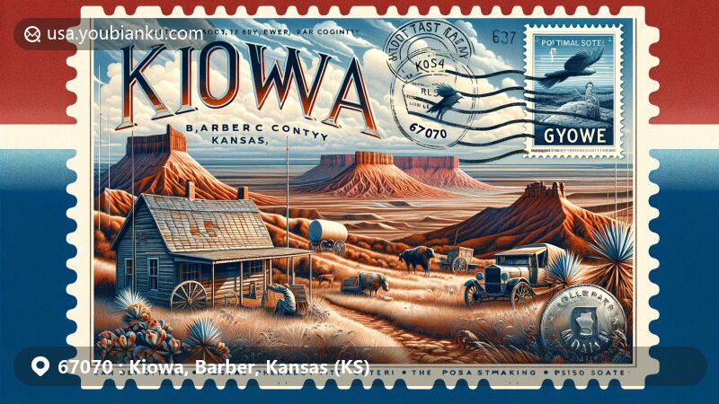 Modern illustration of Kiowa, Barber County, Kansas, showcasing postal theme with ZIP code 67070, featuring Gypsum Hills' red soil and mesas, a pioneer cabin, vintage airmail envelope, and coordinates on a postage stamp.