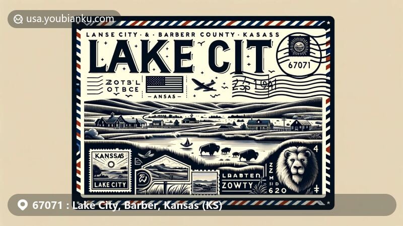 Modern illustration of Lake City, Barber County, Kansas (KS), postal theme with ZIP code 67071, featuring Kansas state flag, Barber County silhouette, and rural community scene with references to early settler life and buffalo, reflecting county's rich history and significance. Vibrant colors highlight natural beauty and history.