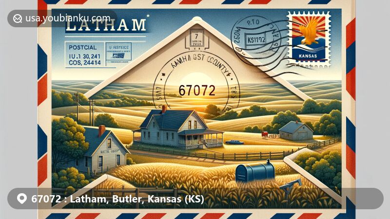 Modern illustration of Latham, Kansas, in Butler County, capturing postal heritage with ZIP code 67072, featuring rural landscape and Kansas state symbols.