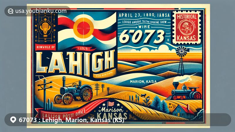 Modern illustration of Lehigh, Marion County, Kansas, showcasing postal theme with ZIP code 67073, featuring Flint Hills, Santa Fe and Chisholm Trails, antique tractor, and Great Plains.