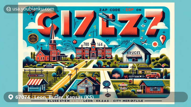 Modern illustration of Leon, Butler County, Kansas, showcasing postal theme with ZIP code 67074, featuring local landmarks like Bluestem Schools, Bluestem Mercantile, and Bruce's Bullseye Farms, as well as Leon City Park.