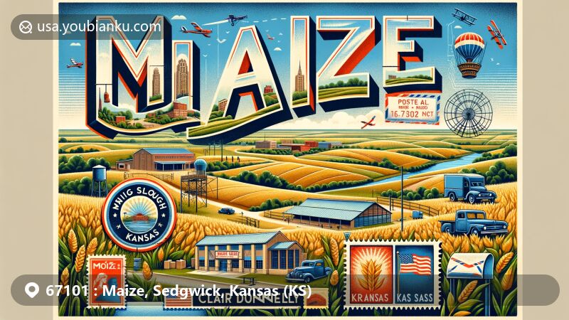Modern illustration of Maize, Kansas, featuring postal theme with vintage air mail elements, including the iconic Clair Donnelly Amphitheater, symbols of mail delivery, and local landmarks near Big Slough Creek and Arkansas River.