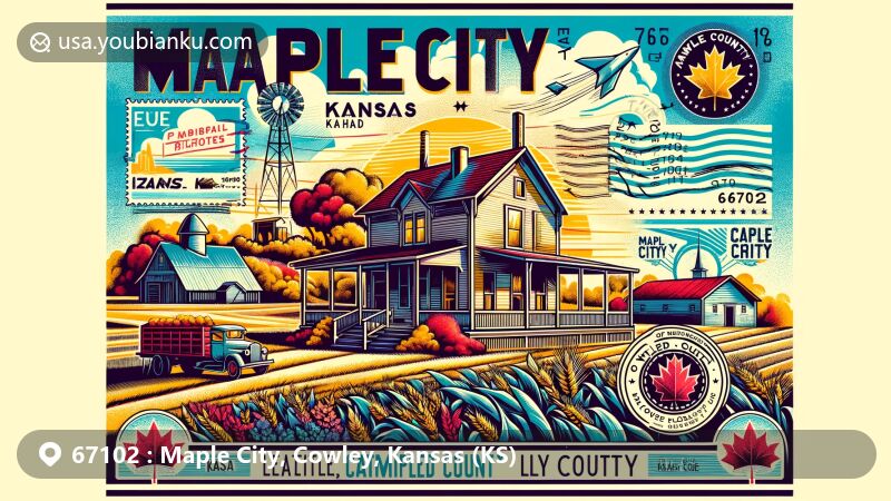 Modern illustration of Maple City, Kansas, highlighting the rural charm and historical essence of Cowley County in the ZIP code 67102 area, featuring W. P. Hackney House and Kansas state flag in a contemporary artistic style.