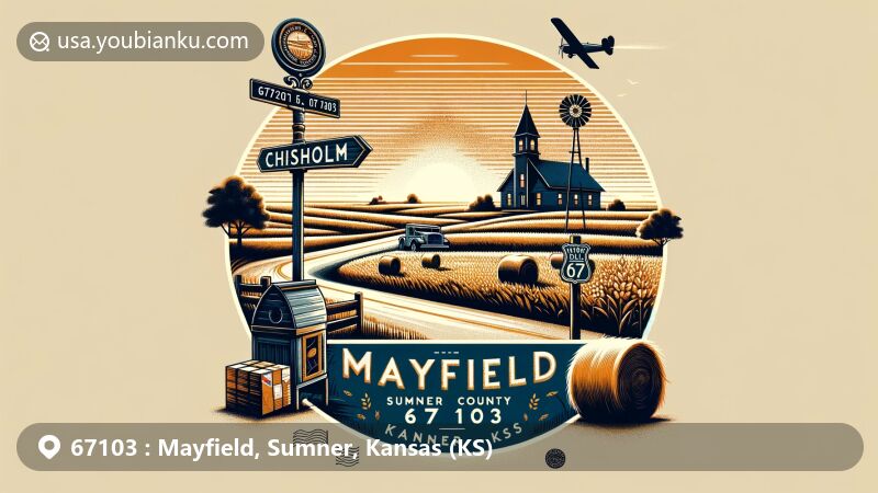 Modern illustration of Mayfield, Sumner County, Kansas, inspired by small-town charm and agricultural tradition, featuring Chisholm Trail Marker and scenic Haymaker Lodge in a postcard-like design with postal motifs and serene Kansas landscape.