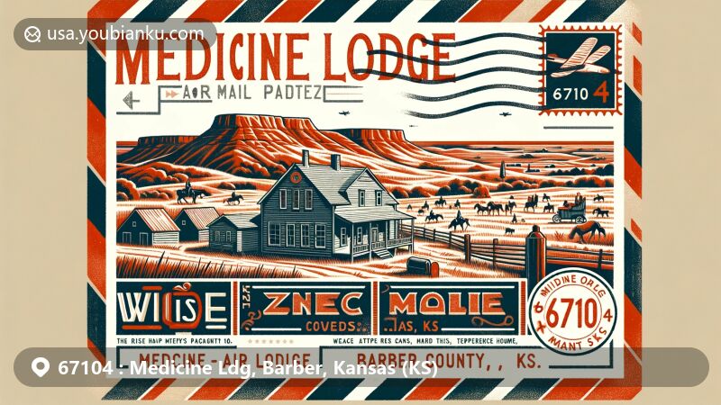 Creative depiction of Medicine Lodge, Barber County, Kansas, capturing the essence of ZIP code 67104 with the Red Hills, Medicine Lodge Peace Treaty Pageant Grounds, Carrie Nation's home, and vintage postal elements.