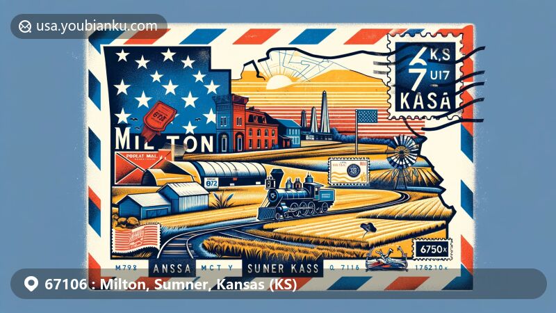 Modern illustration of Milton, Kansas, featuring postal theme with ZIP code 67106, showcasing Sumner County's map outline, elements of Kansas state flag, vintage-inspired airmail envelope, and creative stamps and postmarks incorporating 67106 and Milton landmarks.
