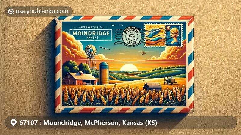 Creative illustration of Moundridge, Kansas, with postal theme and symbolic elements like wheat fields, German-style barn, French flag, and airmail envelope showcasing ZIP code 67107.