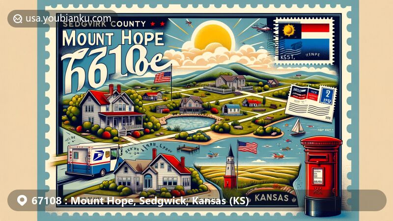 Modern illustration of Mount Hope, Kansas, highlighting postal theme with ZIP code 67108, showcasing local charm and peaceful community, including scenes of serene neighborhoods, fishing lake with gazebo, and Kansas state symbols.