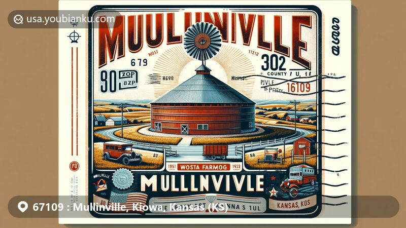 Modern illustration of Mullinville, Kiowa County, Kansas, highlighting the Fromme-Birney Round Barn, a 16-sided structure built in 1912, symbolizing the area's agricultural heritage and small-town charm.