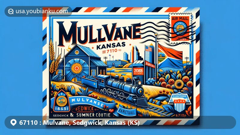 Modern illustration of Mulvane, Kansas, showcasing the city spanning Sedgwick and Sumner counties with elements of railroad and agriculture history, inspired by founding in 1879. Includes Kansas state flag and Mulvane city seal, with air mail envelope emphasizing ZIP code 67110.
