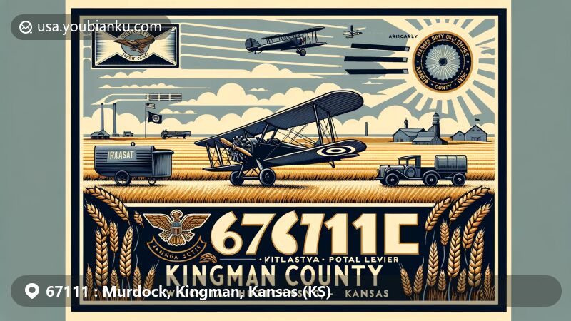 Modern illustration of Murdock area in Kingman County, Kansas, featuring ZIP code 67111 and rural landscape with aviation-themed postal elements, including vintage biplane and modern postal van.