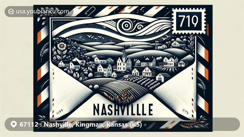 Modern illustration of Nashville, Kingman County, Kansas, featuring ZIP code 67112, capturing the essence of a quaint town with small population and agricultural landscape in a postcard or air mail envelope frame.