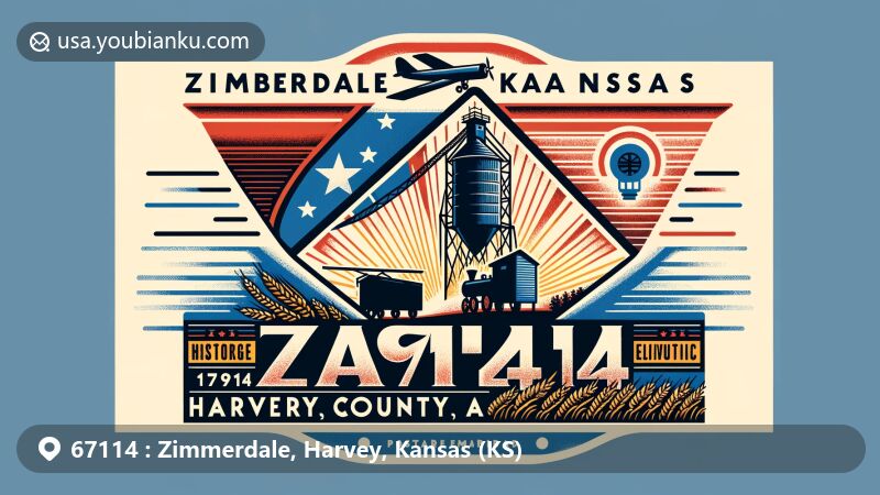 Vintage-style illustration of Zimmerdale, Harvey County, Kansas, highlighting airmail envelope with Kansas state flag, grain elevator silhouette, and historical trail references.