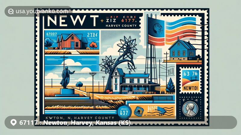 Modern illustration of Newton, Harvey County, Kansas, highlighting postal theme with ZIP code 67117, featuring Blue Sky Sculpture, Warkentin House Museum, and Mennonite Settler statue.