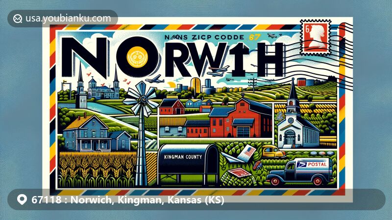 Modern illustration of Norwich, Kingman County, Kansas, showcasing postal theme with ZIP code 67118, featuring Kansas state flag, Kingman County outline, and local landmarks.