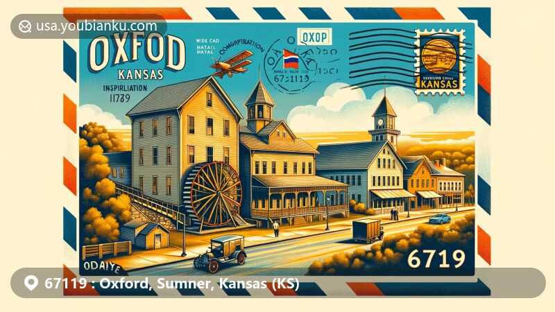 Modern illustration of Oxford, Kansas, showcasing postal theme with ZIP code 67119, featuring the historic Old Oxford Mill and symbols of Kansas.