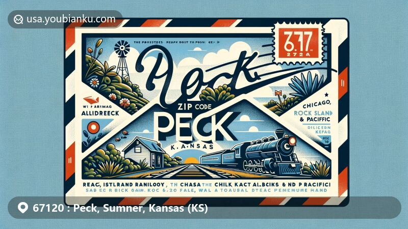 Modern illustration of Peck, Sumner County, Kansas, depicting a stylized airmail envelope capturing local identity with Rock Island Railroad, regional flora, and community representation, featuring ZIP code 67120 and postal symbols.