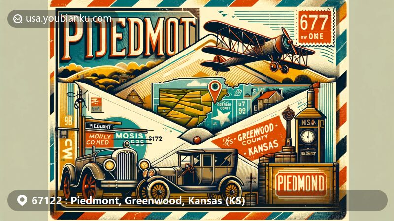 Creative illustration of Piedmont, Greenwood, Kansas with ZIP code 67122, featuring vintage air mail envelope, stylized map of Kansas, and postal elements, alluding to the region's small-town charm and natural beauty.