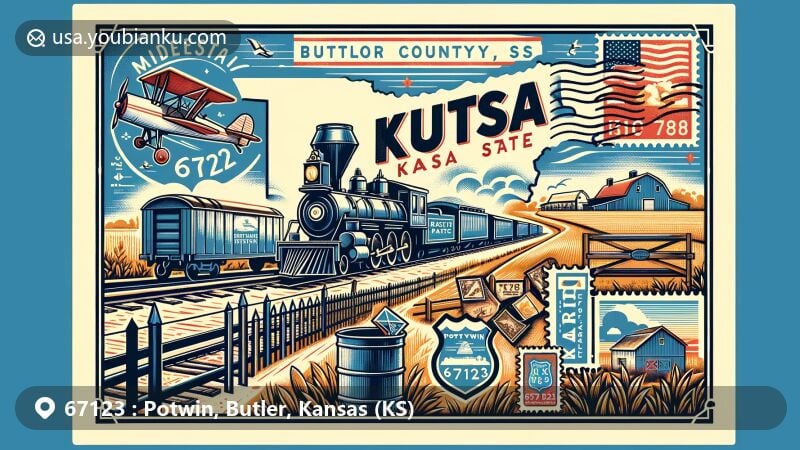 Modern illustration of Potwin, Butler County, Kansas (KS), celebrating ZIP code 67123, showcasing historic Missouri Pacific Railroad and agricultural landscape, with vintage air mail elements and American symbols.