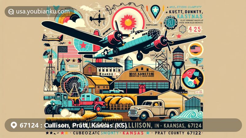 Modern illustration of Cullison and Pratt, Pratt County, Kansas, featuring postal theme with ZIP code 67124, showcasing agricultural heritage, Pratt County Historical Museum, Miss Kansas Parade, Pratt Army Airfield, and local climate symbols.
