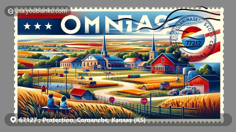 Modern illustration of Protection, Comanche County, Kansas (KS), showcasing postal theme with ZIP code 67127, featuring rural landscape, state flag, educational facilities, and postal elements like vintage postcard format and postal stamp.