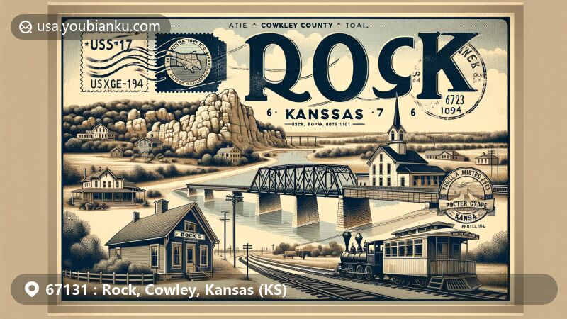 Modern illustration of Rock, Kansas, showcasing postal theme with ZIP code 67131, featuring the Cowley County outline, Atchison, Topeka & Santa Fe Railroad, Bucher Bridge, and vintage postal symbols.