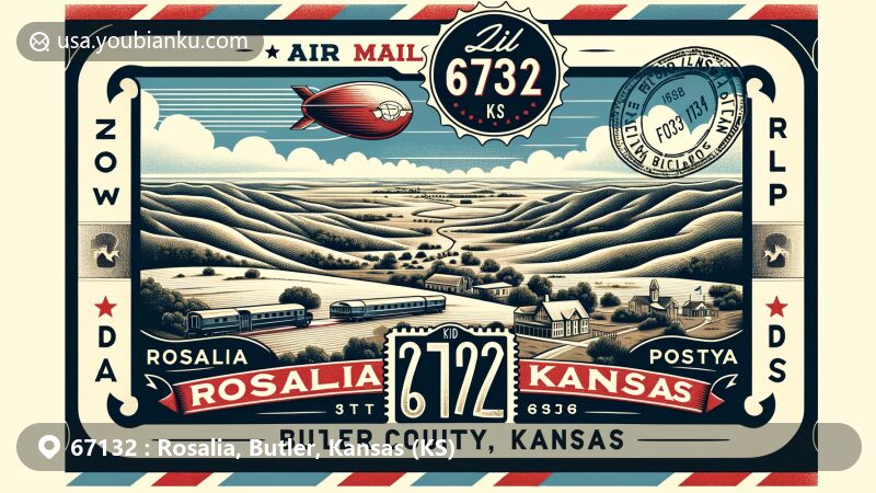Modern illustration of Rosalia, Butler County, Kansas, featuring vintage air mail envelope and Flint Hills scenery, with postal elements like state flag stamp and Rosalia postmark.