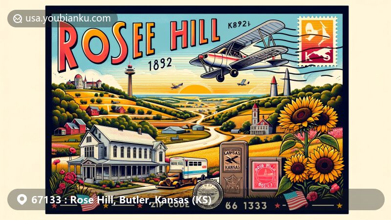 Modern illustration of Rose Hill, Kansas, intertwining local culture and postal themes, depicting scenic landscapes, landmarks, establishment in 1892, and agricultural roots, featuring Rose Hill High School and Cook airfield for aviation enthusiasts.