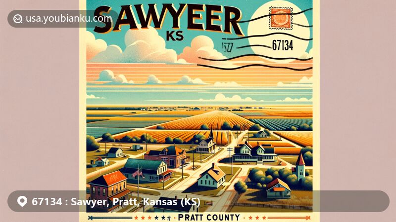 Modern illustration of Sawyer, Kansas, featuring postal theme with ZIP code 67134, showcasing small-town charm in Pratt County amidst the vast Kansas landscape.