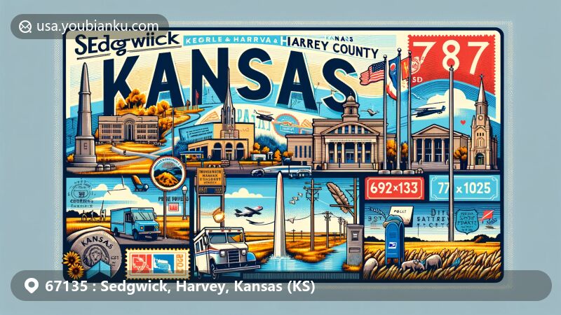 Modern illustration of Sedgwick and Harvey counties in Kansas (KS), featuring regional landscapes, Prairie Center museum, Korean War Veterans Memorial, Little Arkansas River, and postal symbols like stamps, postmarks, ZIP code 67135, mailboxes, and postal vehicles.