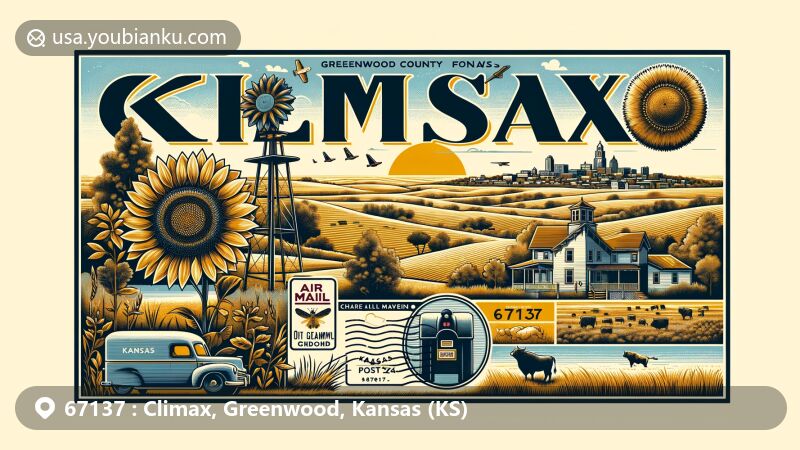 Modern illustration of Climax, Greenwood, Kansas, showcasing the iconic landscapes of the Kansas Great Plains, including the Wild Native Sunflower and Cottonwood tree, with a vintage-style postcard featuring ZIP code 67137.