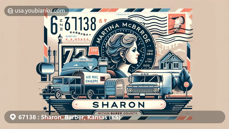 Modern illustration of Sharon, Barber County, Kansas, featuring Martina McBride Park and postal elements like stamp and postmark, with ZIP code 67138, reflecting small-town vibe and connection to country music singer Martina McBride.