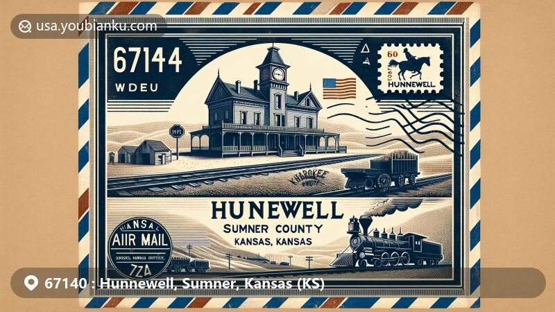 Modern illustration of Hunnewell, Sumner County, Kansas, showcasing postal theme with ZIP code 67140, featuring Hunnewell House Hotel, Cherokee Strip silhouette, and Kansas state flag.